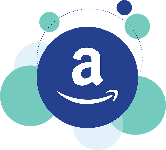 White Amazon Logo on top of blue circle surrounded by big and small light blue circles.